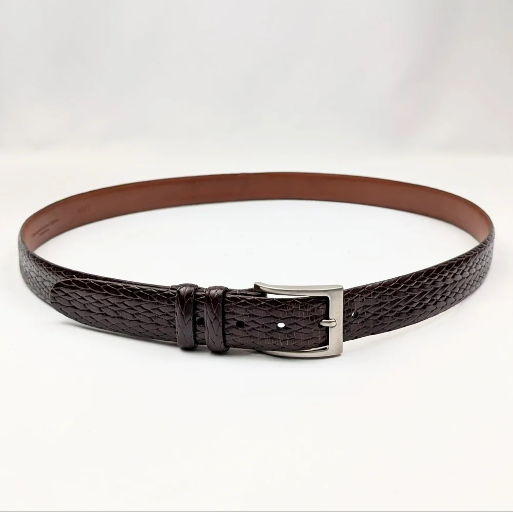 Torino Embossed Leather Belt Woven Texture Silver Buckle Dark Brown size 42